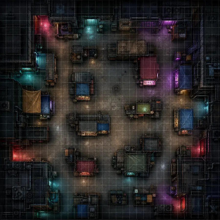 Top-down cyberpunk back-alley night market battle map