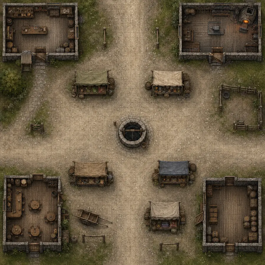 Top-down fantasy village market square battle map